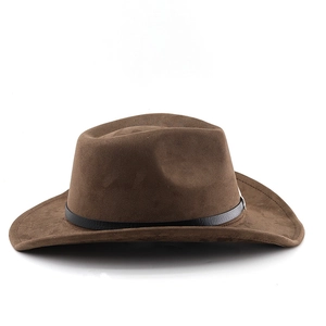 Close-up of the dark brown fedora hat featuring a black leather band and leaf ornament