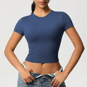 Detail of slim-fit quick-dry navy blue yoga t-shirt with high elasticity fabric texture