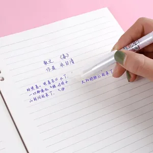 Erasable blue ink rollerball pen with cartoon pattern being used for writing on a notebook