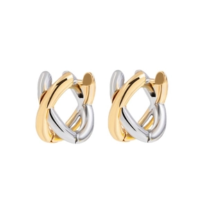 Minimalist gold and silver two-tone criss-cross hoop earrings with a high-polished finish