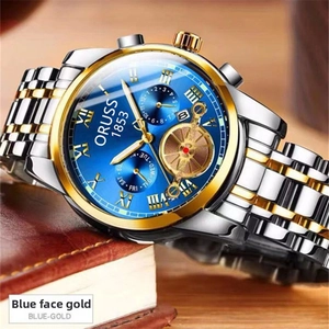 Detailed macro view of ORUSS waterproof business watch with blue sunray dial and roman numerals