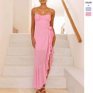 Robe Maxi Femmes À Bretelles Spaghetti Volants Dos Nu Asymétrique Mousseline Sexy Été Vacances Soirée