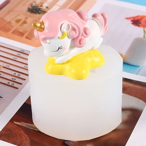 Macro detail of translucent silicone unicorn mold with a colorful finished resin figure