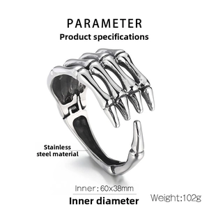 Detail view of gothic skeleton hand bracelet in stainless steel with hinge and dimensions