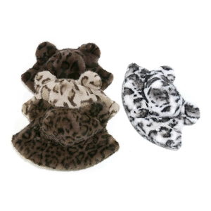 Plush leopard print bucket hats with bear ears in four different faux fur colors