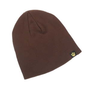 Detail of high-density brown knit beanie with a decorative golden crown woven label