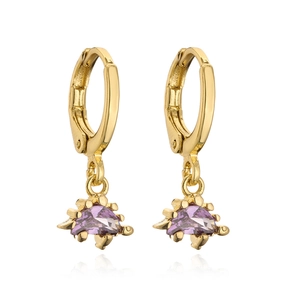 Detail of gold dinosaur earrings with sparkling purple crystal inlay and secure clasp