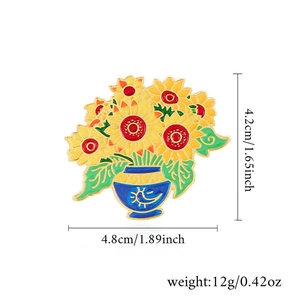 Detailed macro view showing sunflower enamel brooch dimensions of 4.8cm by 4.2cm