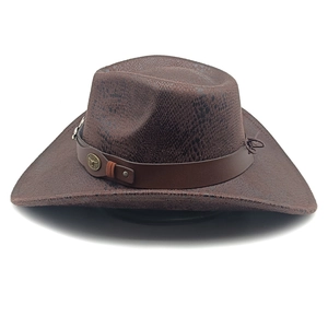 Detail of dark brown faux snakeskin texture and bull metal badge on western cowboy hat
