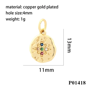 Macro detail of a 13mm x 11mm gold plated star pendant with multi-color zircon stones