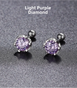 Close-up of light purple zircon stud earrings with s925 silver six-prong setting