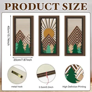 Modern 3-piece wooden wall art featuring mountain landscapes with saw-tooth metal hooks