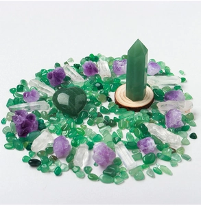 Green aventurine crystal set with hexagonal pillar heart stone and raw amethyst pieces