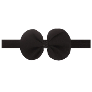 Detail of soft black chiffon bow headband for infants with elastic band on white background