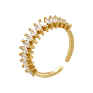 Detailed view of golden fan-shaped open ring with marquise cut stones in claw setting