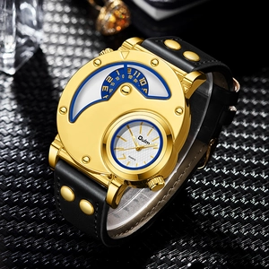 Detailed close-up of a gold dual-time zone quartz watch with a black leather rivet strap