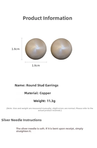 Detail view of round copper stud earrings with silver needles and size dimensions
