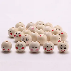 20mm natural round wood beads with printed smiley faces and various emoji expressions