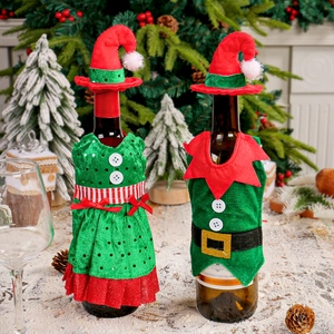 Christmas sequin wine bottle covers with elf costume designs and matching hats