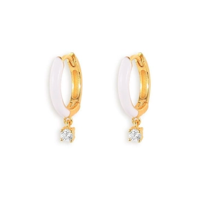 Gold plated S925 silver needle hoop earrings with white enamel and round zircon stone