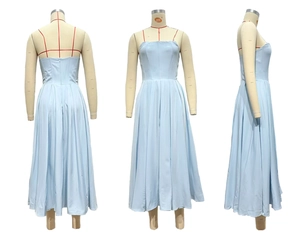 Three-view perspective of a light blue backless satin maxi dress with corseted bodice