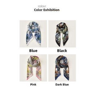 Four different vintage floral patterns on square silk scarves in blue, black, and pink