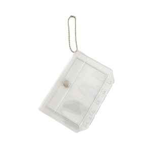 Clear PVC card holder with silver metal chain and snap button closure for binders