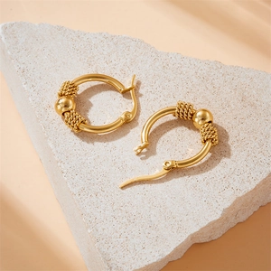 Chic gold plated stainless steel twisted rope earrings with polished geometric beads