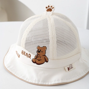 Breathable baby sun hat with cute bear embroidery and 3D ear detail in beige mesh
