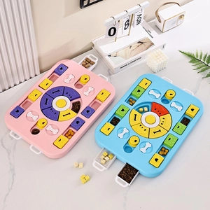 Interactive pet puzzle feeder with slow food sliders and rotating disc in home setting