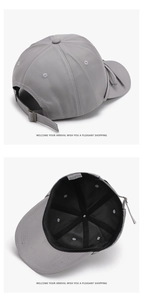 Detail view of the 100% cotton grey baseball cap showing metal buckle and interior wash label