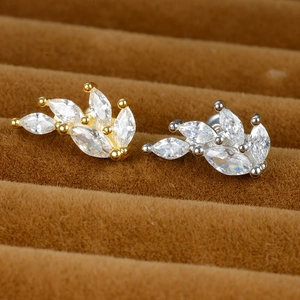 Leaf-shaped stainless steel earrings set with marquise-cut cubic zirconia in gold and silver