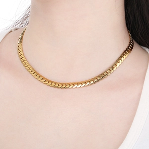 Flat 18K gold plated stainless steel Cuban link necklace worn on female model neck