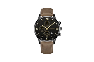Detail of Geneva quartz watch featuring a black Roman dial and brown leather strap