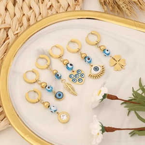 Evil Eye Drop Earrings Stainless Steel Gold Plated Heart Clover Feather Charms Personalized Jewelry For Women