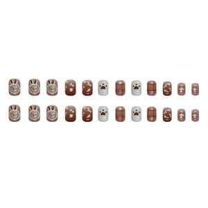 Cute bunny and cat paw press-on nails set with 24 brown and grey short square tips