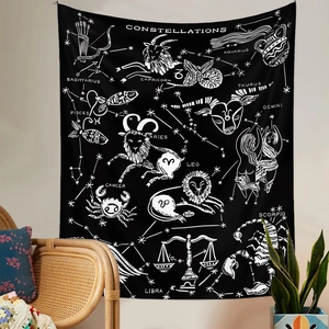 Detail showing hand-drawn constellations tapestry on a wall with boho home decor accents