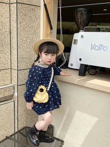 Girl's blue heart dress with straw hat and yellow pearl strap handbag set