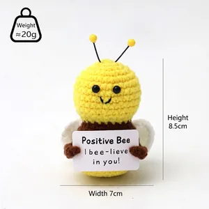Handmade crochet positive bee toy with motivational card for stress relief, yellow and brown