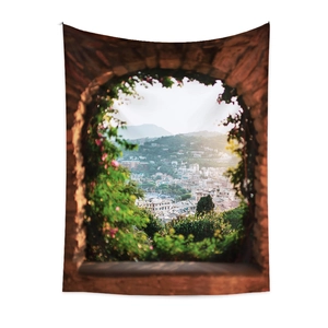 Detail of Mediterranean landscape tapestry showing the high-definition printed archway view