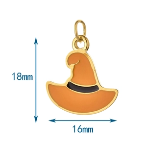 Détail d'un pendentif chapeau de sorcière orange avec mesures de 18 mm de haut et 16 mm