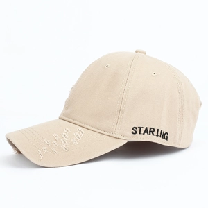 Distressed khaki cotton baseball cap with maple leaf holes and side STARING embroidery