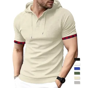 Men's waffle texture short sleeve hoodie with plaid trim and drawstring neck in cream white