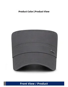 Detail of dark grey twill cotton military cap with silver metal SPORT logo plate