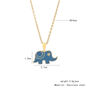 Detail view of blue enamel elephant pendant in gold stainless steel with dimensions
