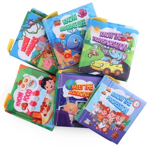 Set of six colorful educational baby cloth books for early learning and sensory play.