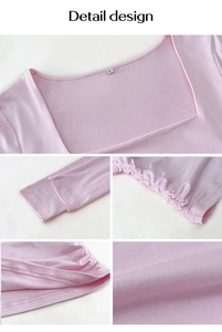 Detail design of pink square neck long sleeve top with drawstring ruching and S size label