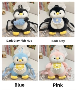 Collage of four cute penguin plush backpacks in grey, blue, and pink colors with lace bibs
