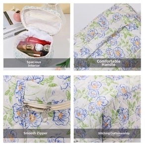 Detail view of floral quilted cotton makeup bag with smooth zipper and sturdy handle