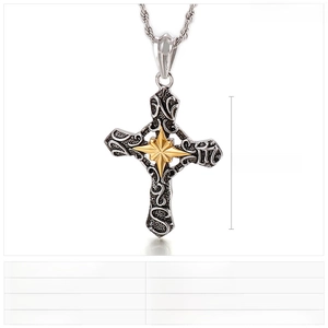 Detailed specs of punk gothic cross pendant with gold star inlay in stainless steel